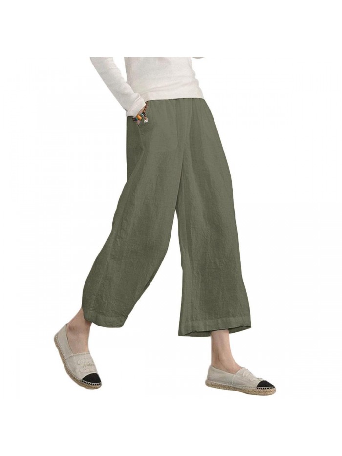 Womens Casual Loose Elastic Waist Cotton Trouser Cropped Wide Leg Pants 