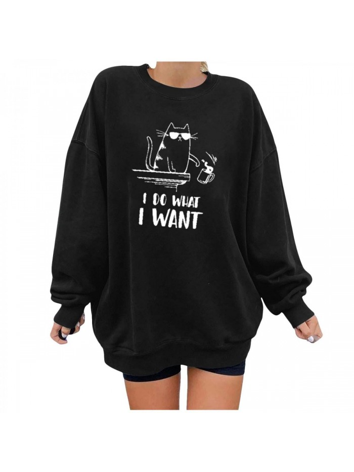 Women's Casual Crewneck Sweatshirts Long Sleeve Cat & I DO WHAT I WANT Letter Print Pullover Blouse Graphic Tops 