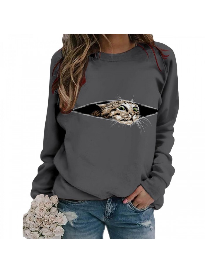 Lifelike Cat Sweatshirt Long Sleeve Cute Kitten Photo Pullover Ladies Realistic Cat Casual Crewneck Hoody Tops 