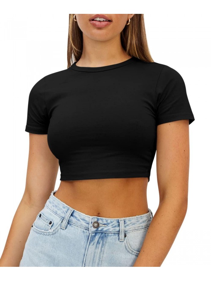 Crop Tops Cute Trendy Basic Tight Scoop Neck Crop Short Sleeve Crop Top for Women or Teen Girls 