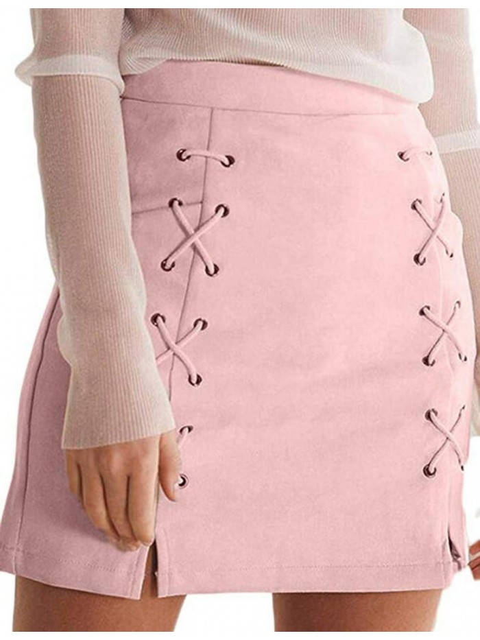 Women's Classic High Waist Lace Up Bodycon Faux Suede A Line Mini Pencil Skirt 