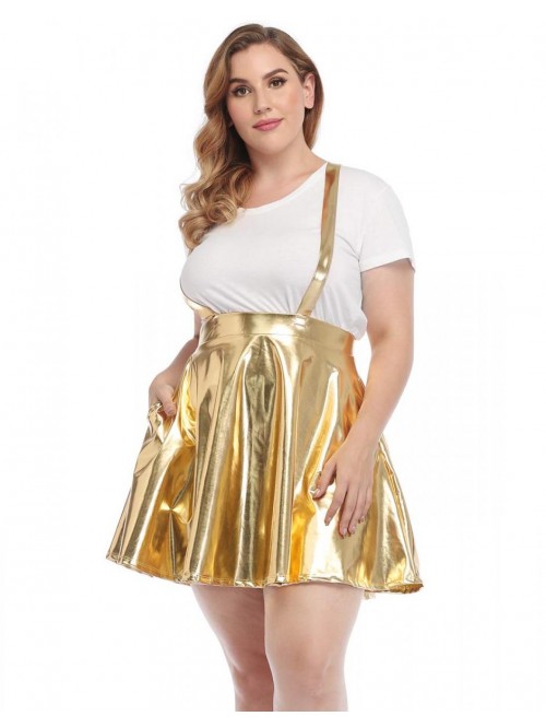 HDE Plus Size Shiny Metallic Suspender Skirt High ...