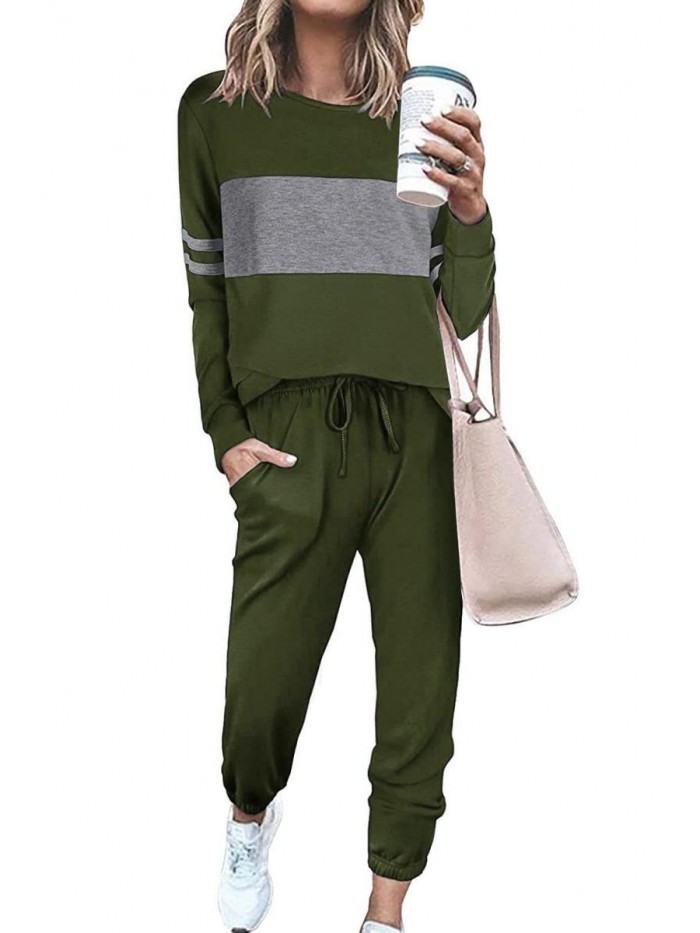 Women's Color Block 2 Piece Tracksuit Crewneck Long Sleeve Tops Long Sweatpants Outfits Lounge Sets 