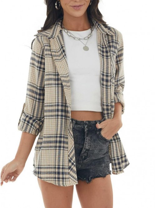 Womens Casual Plaid Soft Button Down Tops Roll Up ...