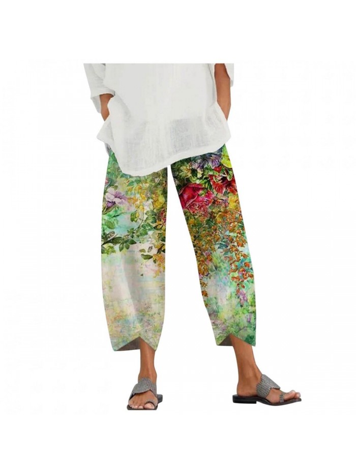 Casual Comfy Palazzo Pants Lightweight Loungewear Flowy Elastic High Waist Wide Leg Pants Printed Cropped Capri Pants 