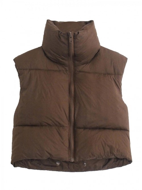 Zip Up Cropped Quilted Puffer Vest Sleeveless Stan...