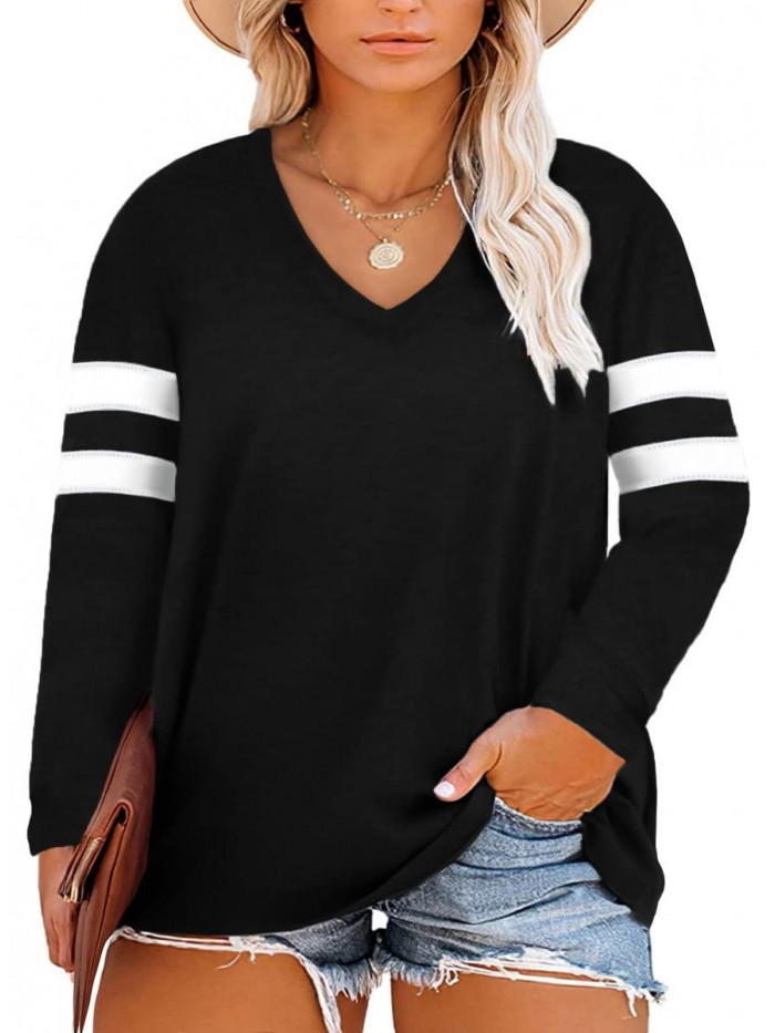 Sailed Womens Plus Size Tops Casual Long Sleeve V Neck/Crew Neck Striped Loose Fit Tunic Tops(1X-5X) 