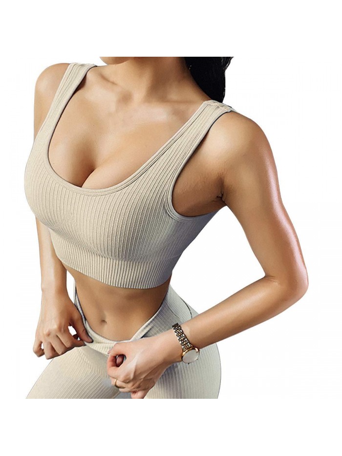 Exercise Outfits for Women 2 Pieces Ribbed Seamless Yoga Outfits Sports Bra and Leggings Set Tracksuits 2 Piece 