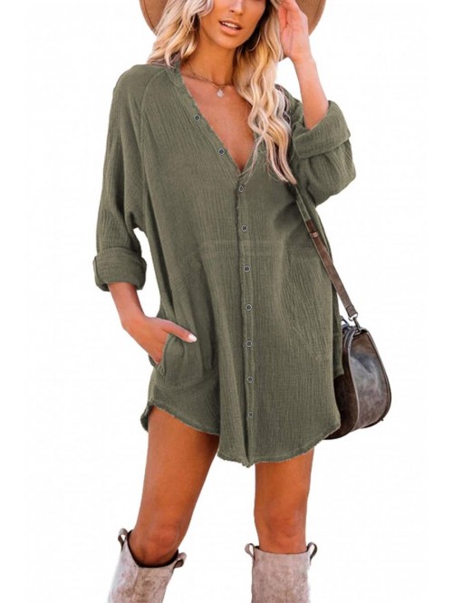 Women's Long Sleeve Button Down Tunic Dresses with...