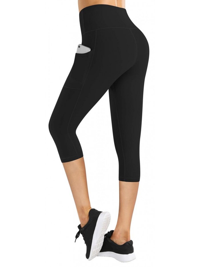 High Waist Yoga Pants with Pockets, Capri Leggings for Women Tummy Control Running 4 Way Stretch Workout Leggings 
