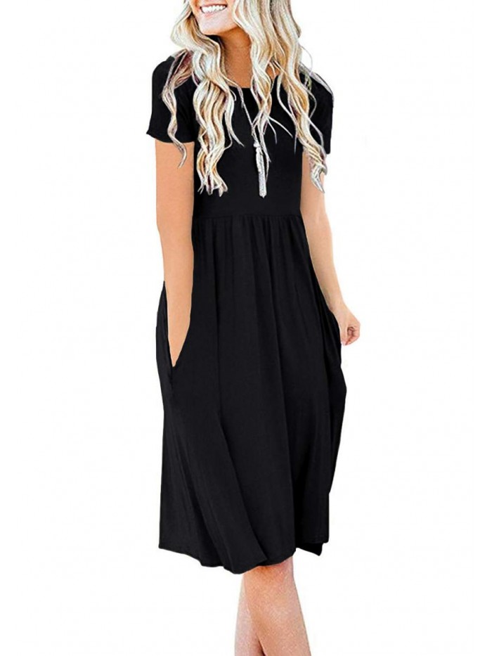 MOON Women Summer Casual Short Sleeve Dresses Empire Waist Dress with Pockets 