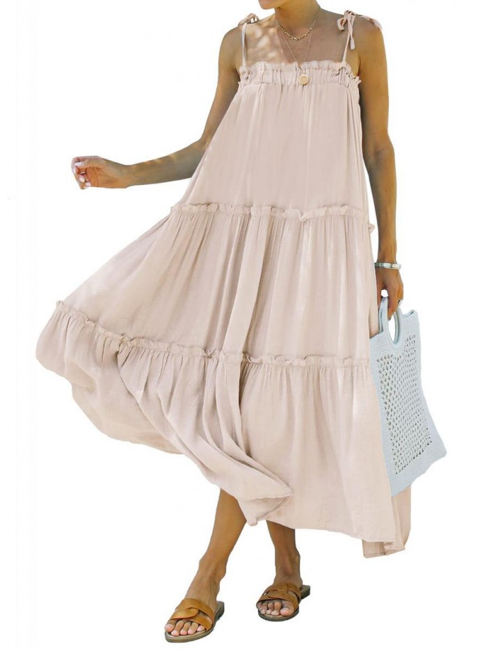 Women's Summer Adjustable Spaghetti Strap Sleeveless Dresses Casual Loose Tiered Ruffle Cami Beach Long Maxi Dress 