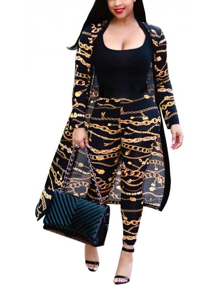 2 Piece Outfits Plus Size Long Sleeve Maxi Cardigan Duster Pants Set Casual Cover Ups(S-4XL) 