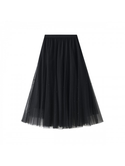 A-Line Tulle Skirt Elastic Waist Layered Mesh Midi...