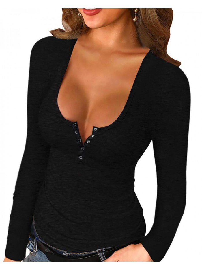 Scoop Neck Henley Sweatshirts Low Cut Solid Sexy Fall Long Sleeve Button Down Shirts 