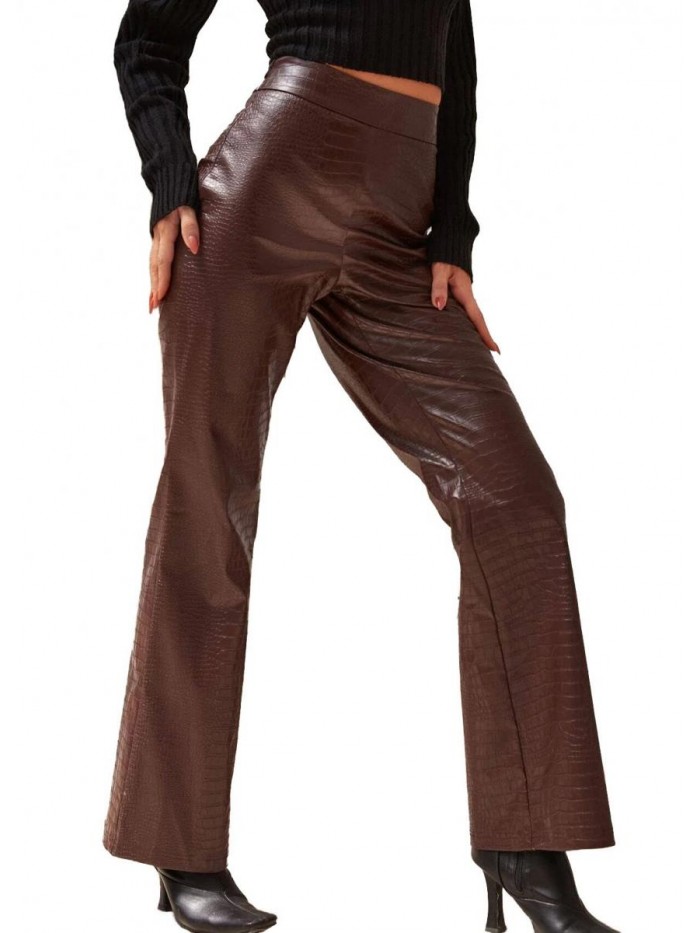 Crocodile Effect Straight Leg PU Leather Trousers High Waist Faux Leather Pants 