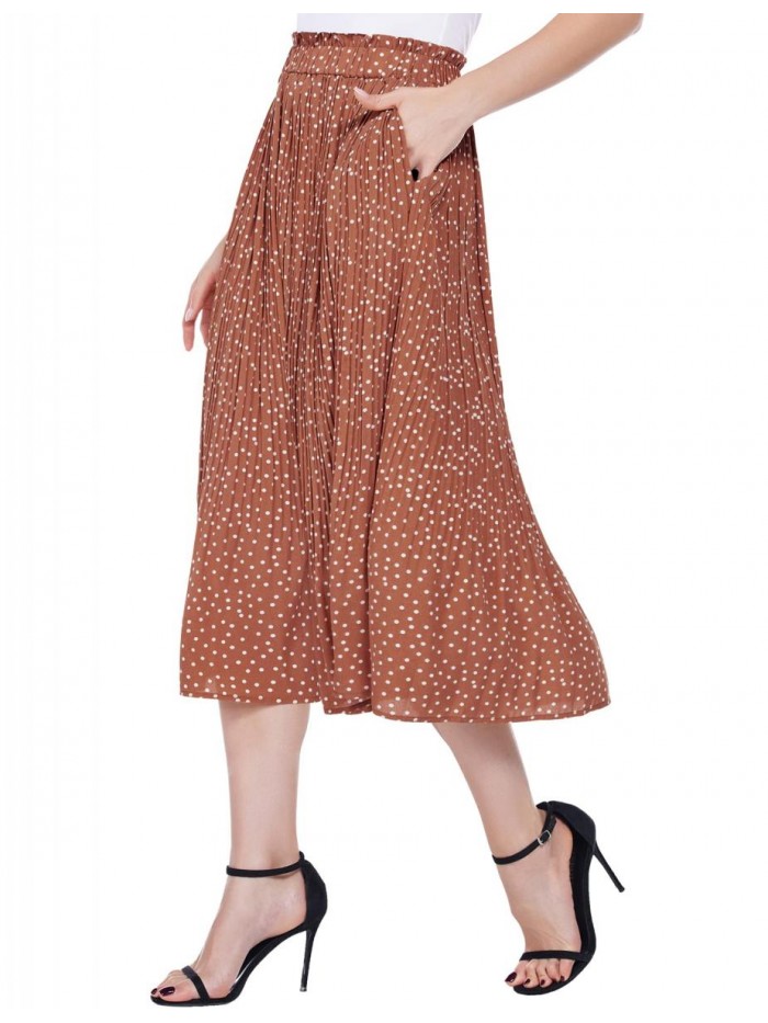 Women's Midi Skirts Elastic High Waist Skirt Polka Dot Casual Pleated Skirt with Pockets 