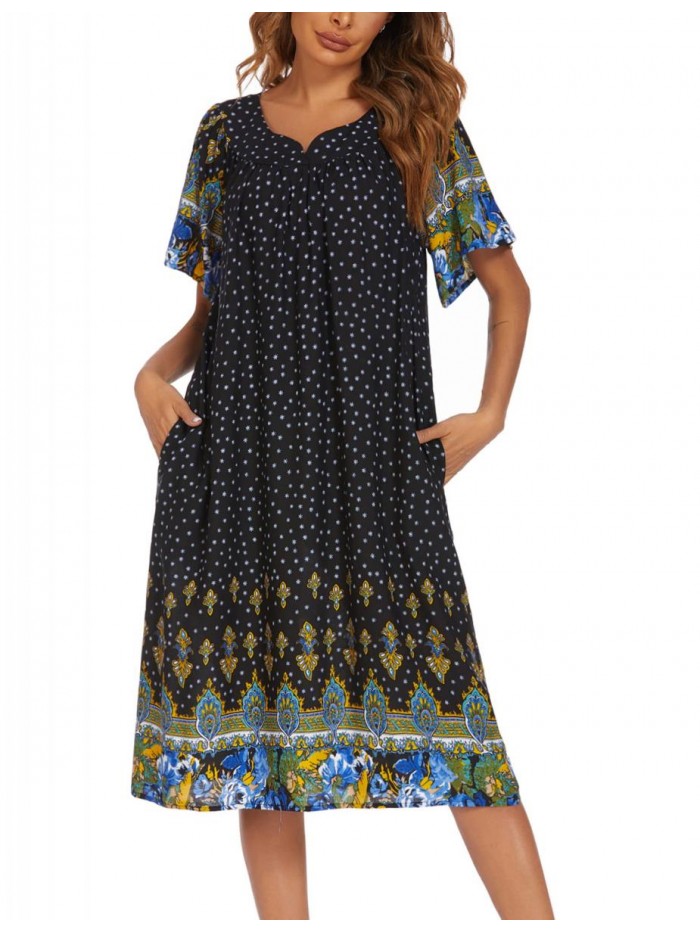Womens Nightgown Short Sleeve House Dress with Pockets-Floral Print Mumu Dress S-XXXL 