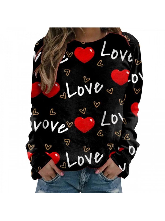 Day Sweatshirts for Women Heart Letter Print Sweatshirt Long Sleeve Love Graphic Loose Pullover Tops 