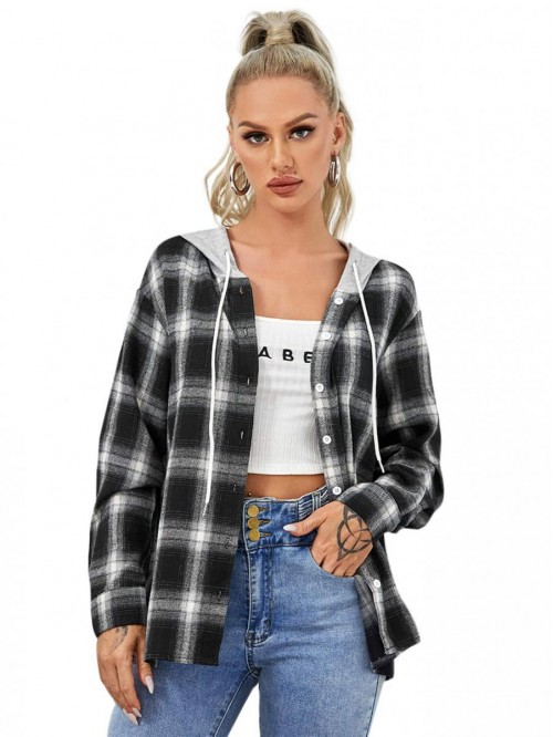 Women's Plaid Button Front Long Sleeve Drawstring ...