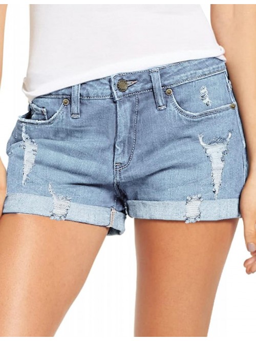 Women's High Waisted Rolled Hem Distressed Jeans R...