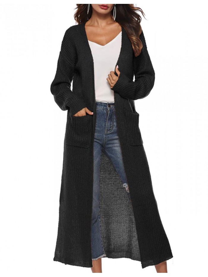 Casual Long Sleeve Split Open Cardigan Knit Long Cardigan Sweaters with Pockets 