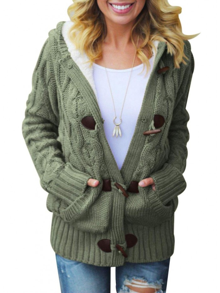 Womens Front Button Hooded Sweater Outwear Cable Knit Long Sleeve Cardigan with Pocket 