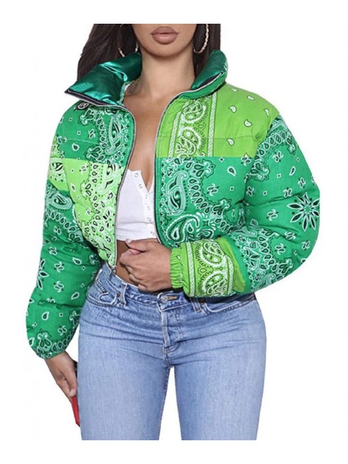Women's Cute Stand Collar Paisley Quilted Puffer C...