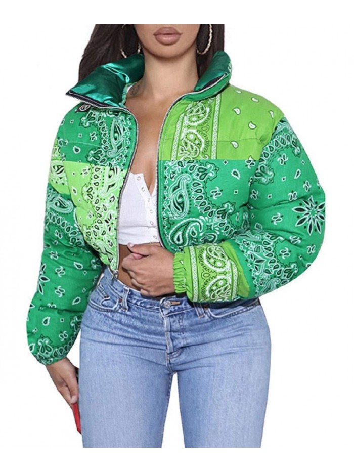 Women's Cute Stand Collar Paisley Quilted Puffer Crop Down Alternative Jacket Coat 