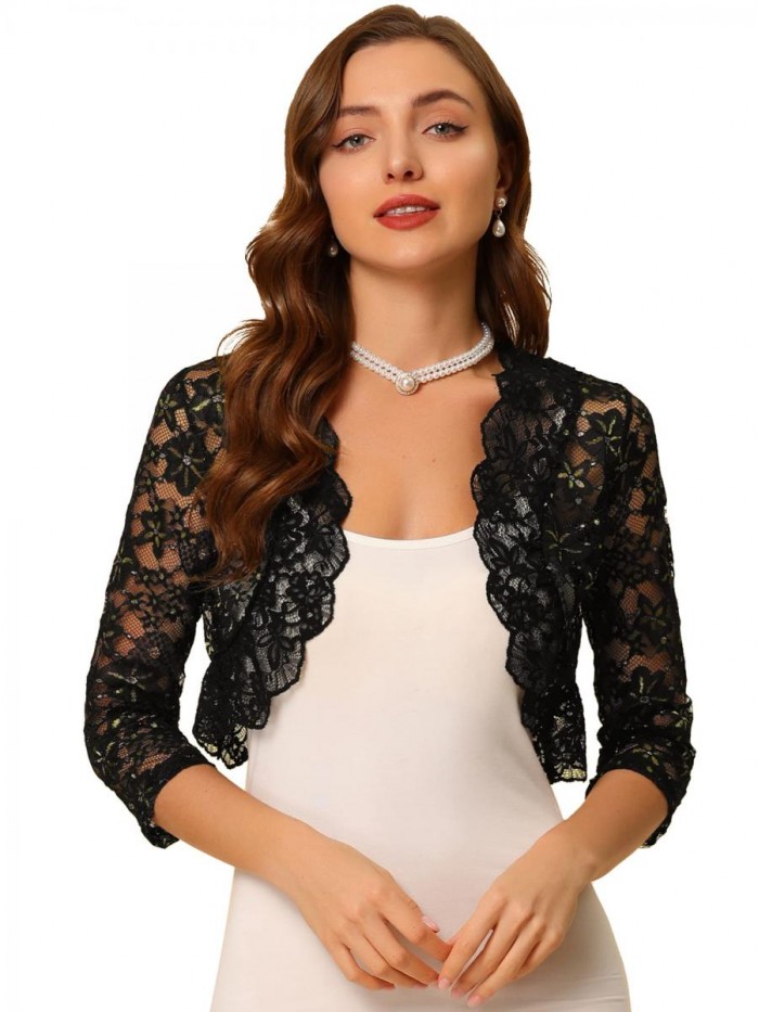 K Shrug Top for Women's Crop 3/4 Sleeve Sheer Floral Lace Cardigan 