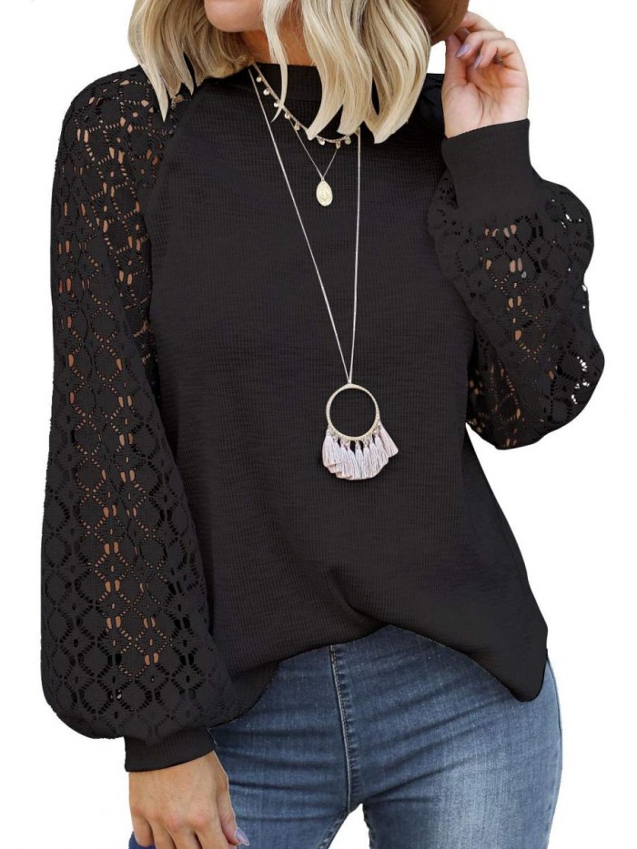 Women’s Long Sleeve Tops Lace Casual Loose Blouses T Shirts 