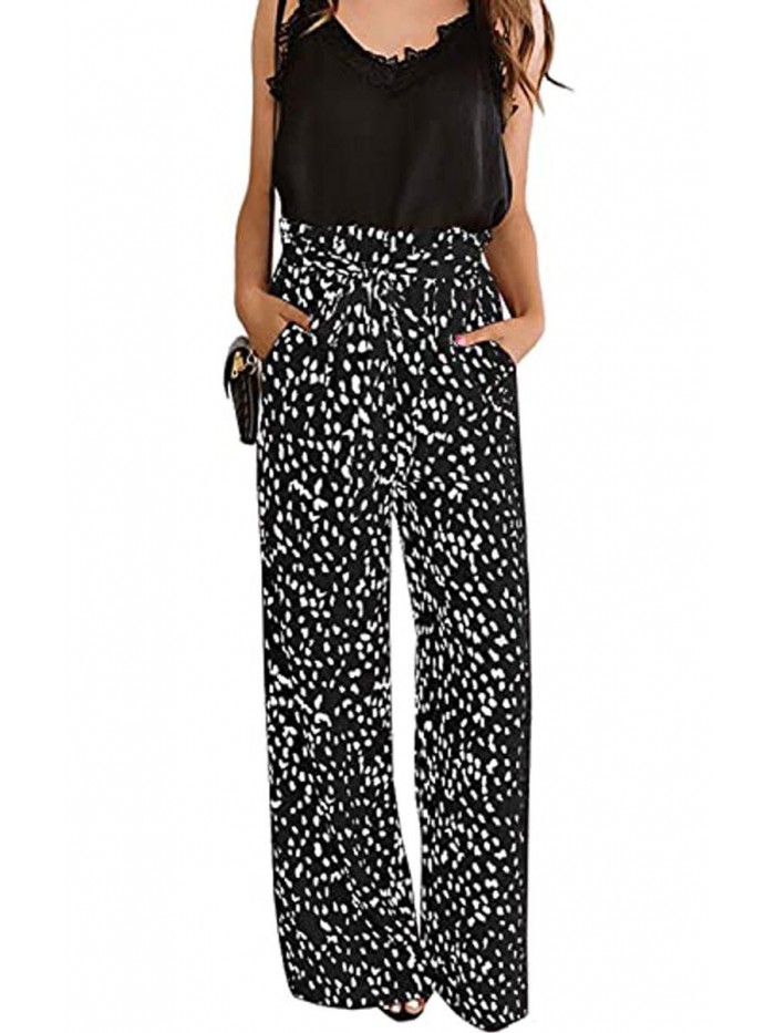 Womens Cotton Soft Palazzo Wide Leg Pant with Pockets High Waist Casual Loose Flowy Pants with Belt 