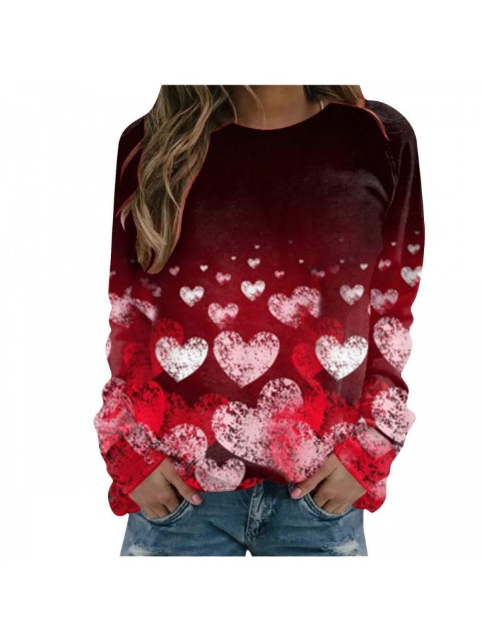 Valentine's Day Sweatshirt Tops Sweater Heart Long Sleeve Round Neck Loose Sweater Jumpers 