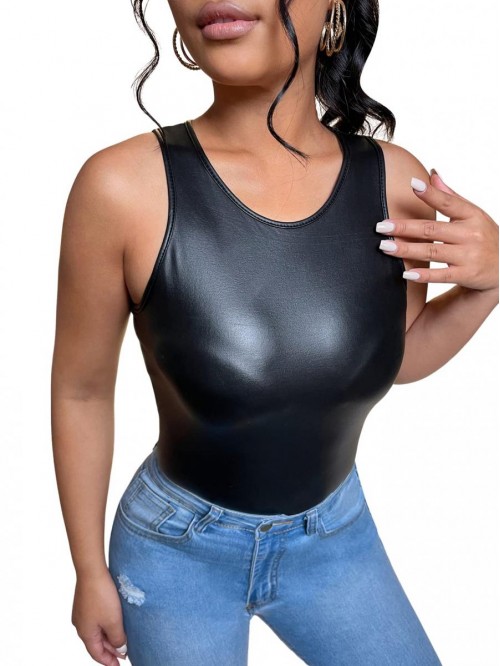 Women's Casual Faux Leather Tank Top Slim Fit PU L...