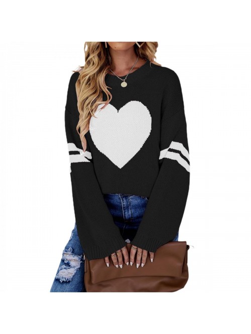 Women Heart Print Sweater Long Sleeve Pullover O-N...