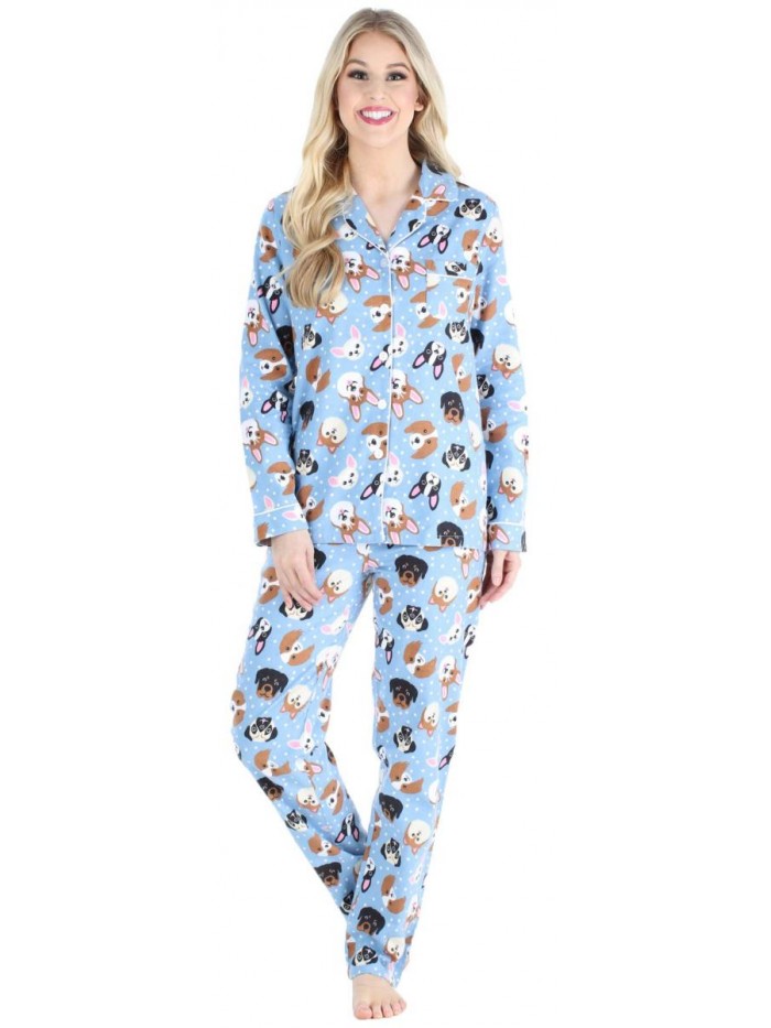 Women's Cotton Flannel Long Sleeve Button-Down Pajamas PJ Set 