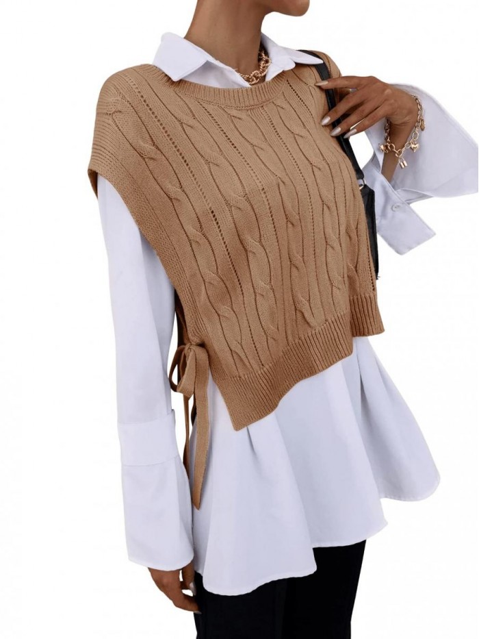 Women's Cable Knit Tie Knot Side Split Hem Round Neck Sleeveless Oversized Cropped Sweater Vest Pullovers 