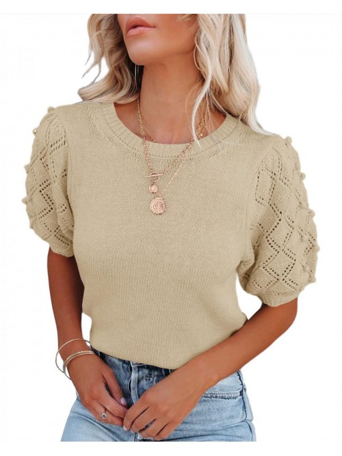 Womens Puff Short Sleeve Pullover Sweaters Tops Sp...