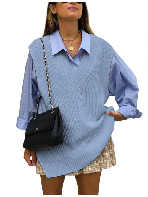Women Oversize Sweater Vest V Neck Sleeveless Knit...