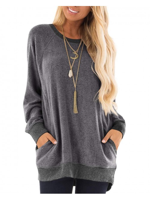 Womens Casual Color Block Long Sleeve Round Neck P...