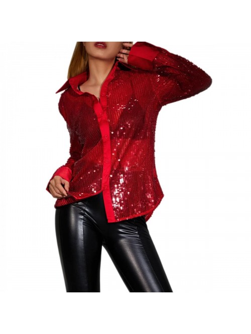 Sequin Sparkly Top Shirt Long Sleeve Button Up Fas...