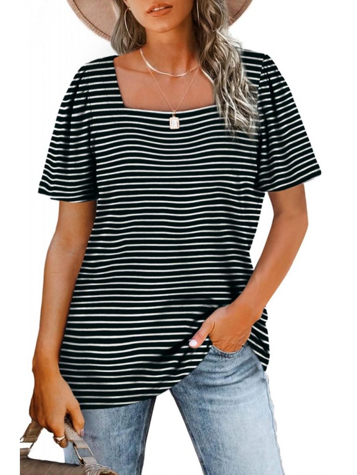 Womens Tops Casual Square Neck Puff Sleeve T Shirts Loose Fit 