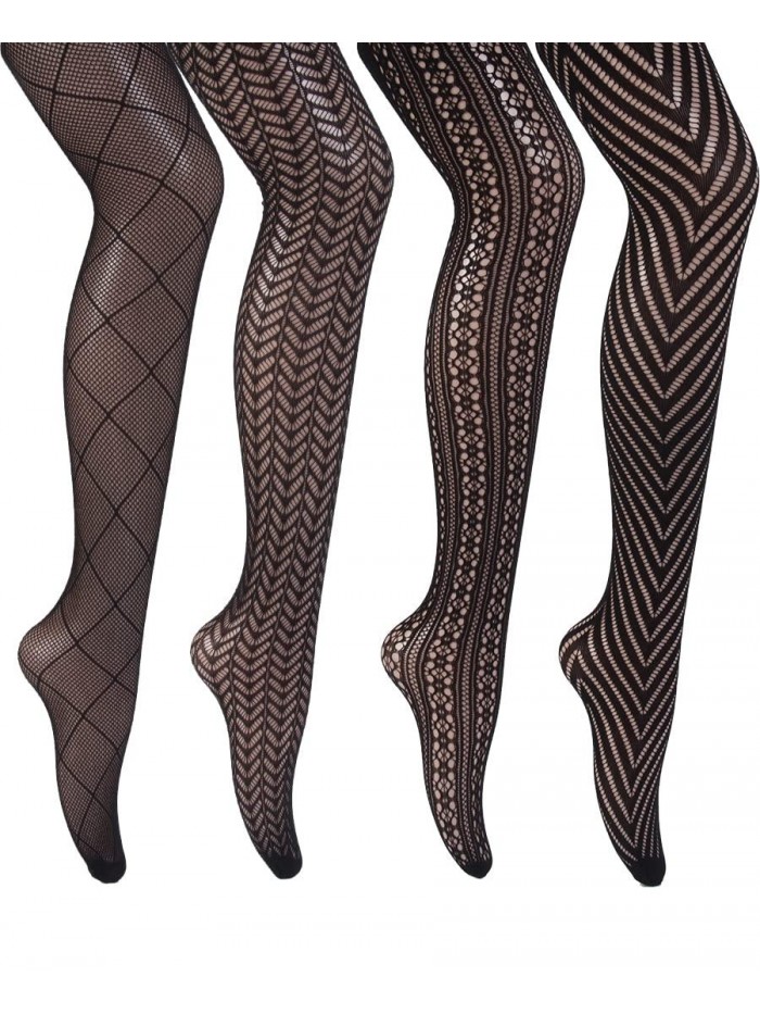 Patterned Fishnet Stockings for Women, Black Fishnet Tights Mesh Stockings High Waist Pantyhose 4 Pairs 