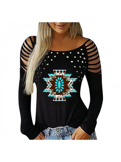 Womens Cold Shoulder Tops with Rhinestone Design S...