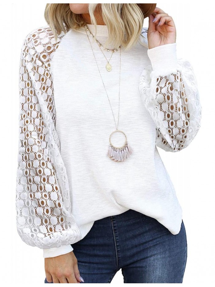Women Trendy Blouses Casual Loose Knit Tops Pullover Hollow-Out Lace Long Sleeve Shirts TY3 