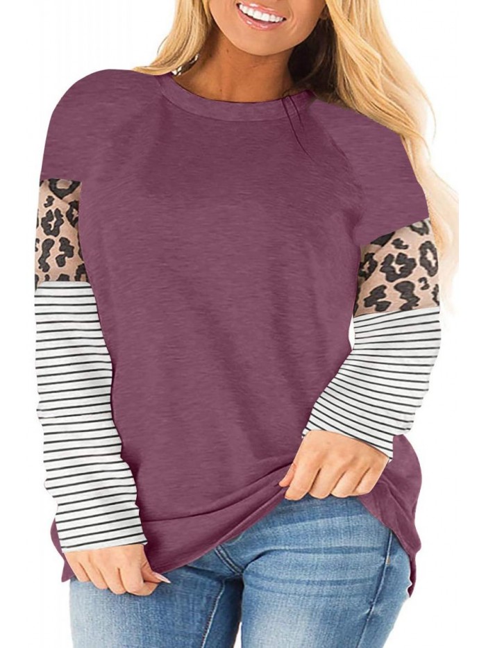 PLUS Womens Plus Size Long Sleeve Striped Leopard Color Block Tunic Shirts Casual Tee Tops 