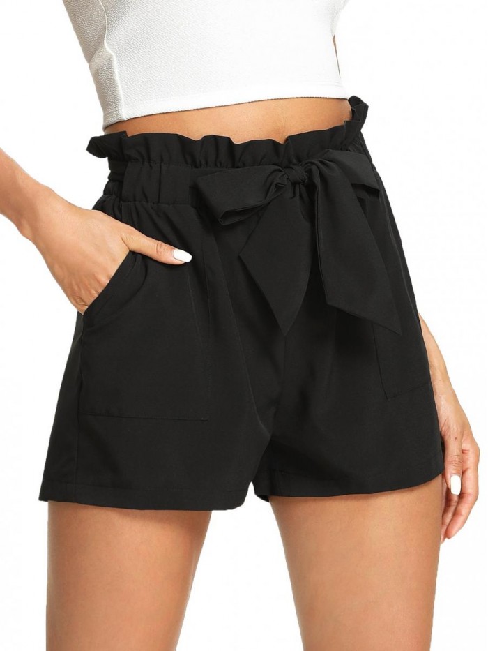 Women's Casual Elastic Waist Bowknot Summer Shorts with Pockets 