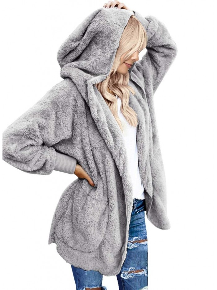 Women’s Long Sleeve Loose Fit Open Front Hood Cardigan Fuzzy Fleece Jacket Coat Outwear 