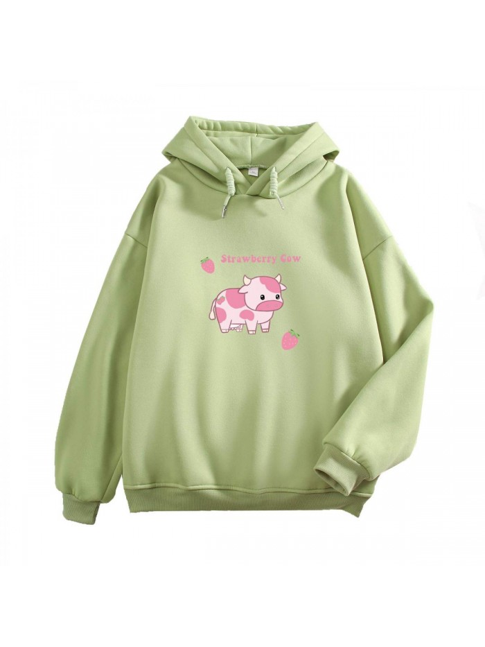Sweatshirts for Women Cute Strawberry Cow Print Hoodie Casual Fuzzy Top 