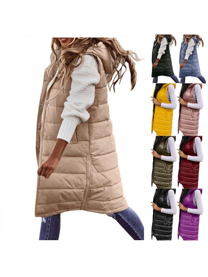 Women's Long Down Vest Plus Size Sleeveless Hooded Jacket Winter Slim Zipper Coat Outdoor Puffer Quilted Vest 